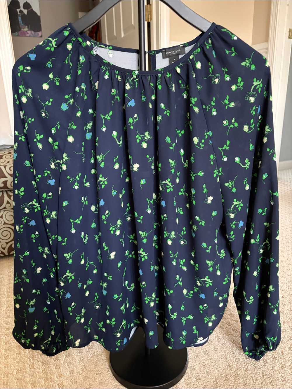 Ann Taylor Factory Navy Floral Long-Sleeve Blouse with Green and Blue Flowers